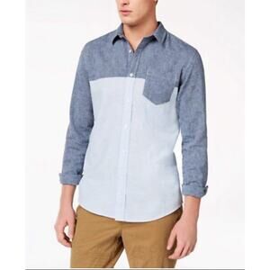 American Rag CIE Mens Linen Blend Colorblock Button Up Shirt - Blue, Size L